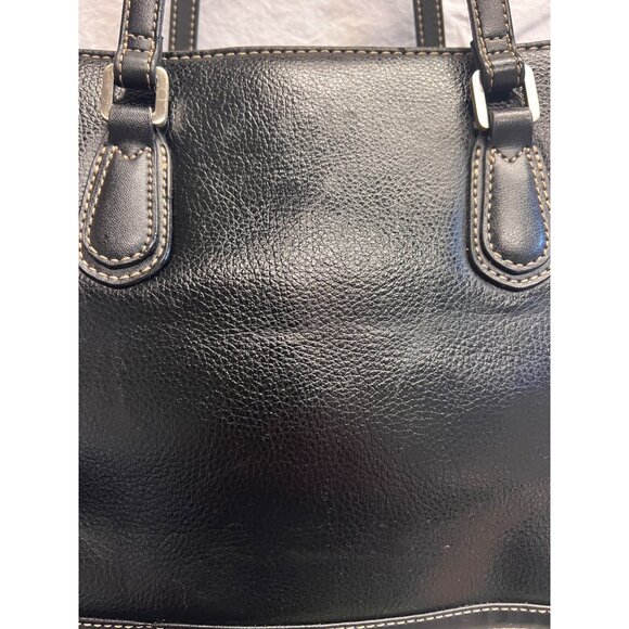 Liz Claiborne Black Leather Shoulder Bag Red Interior Pockets Shoulder Strap 28” - Picture 4 of 9